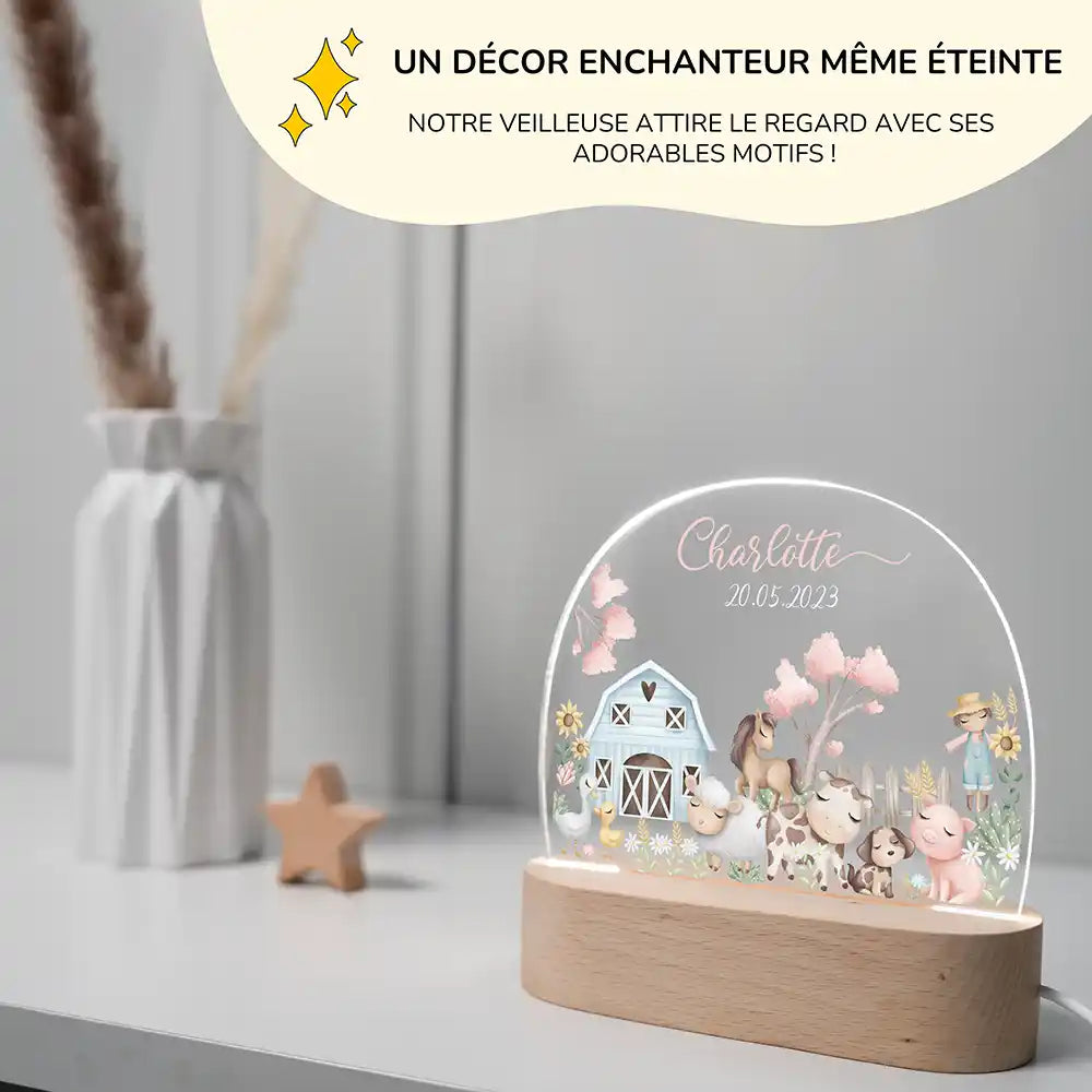 Veilleuse enfant personnalisée Animaux de la ferme – dimensions compactes 15 x 15 x 3,5 cm