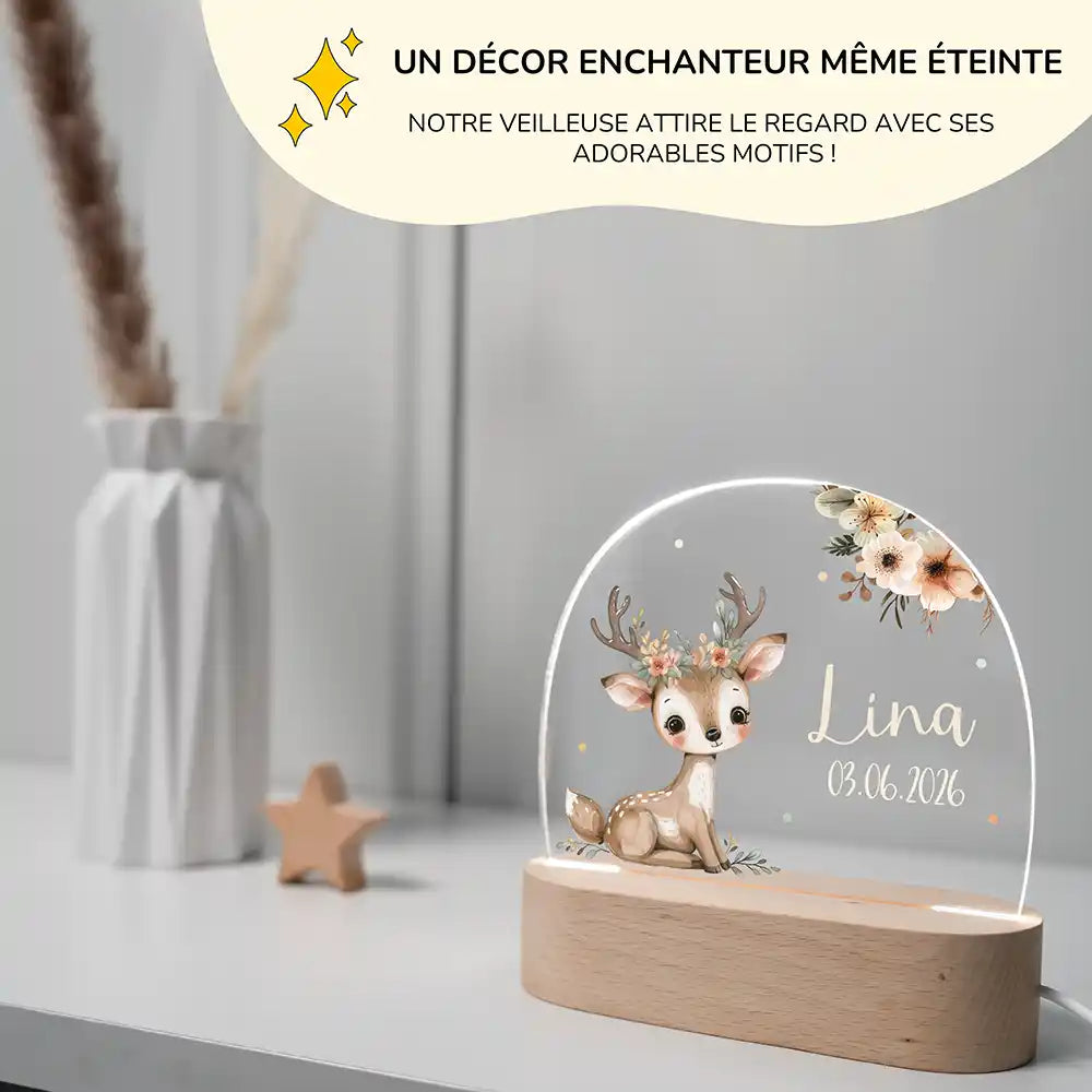 Veilleuse enfant personnalisée Bébé faon – dimensions compactes 15 x 15 x 3,5 cm
