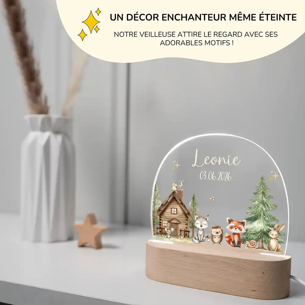 Veilleuse enfant personnalisée Petits amis de la forêt – dimensions compactes 15 x 15 x 3,5 cm