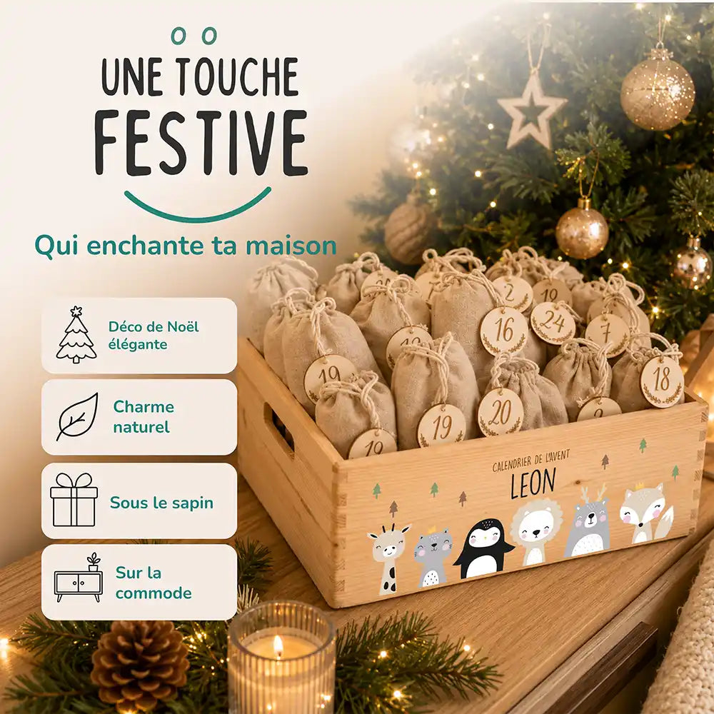 Calendrier de l'avent personnalisé, motif Amis du monde — Décoration de Noël en bois | Kidsmood