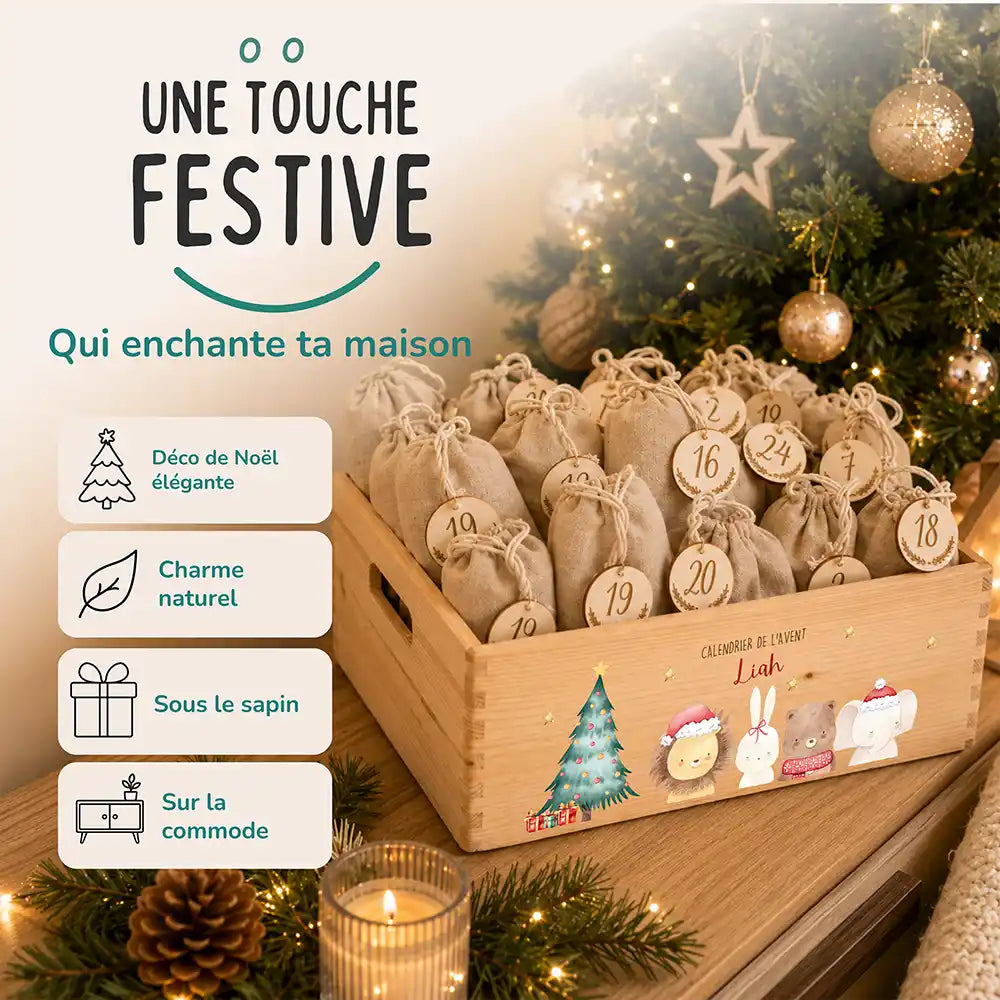 Calendrier de l'avent personnalisé, motif Bonnets rouges — Décoration de Noël en bois | Kidsmood