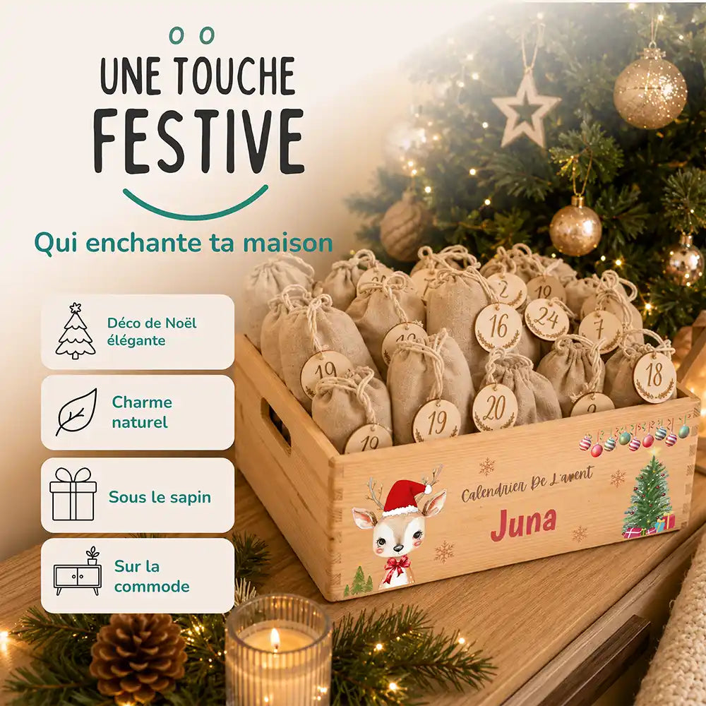 Calendrier de l'avent personnalisé, motif Faon en bonnet — Décoration de Noël en bois | Kidsmood