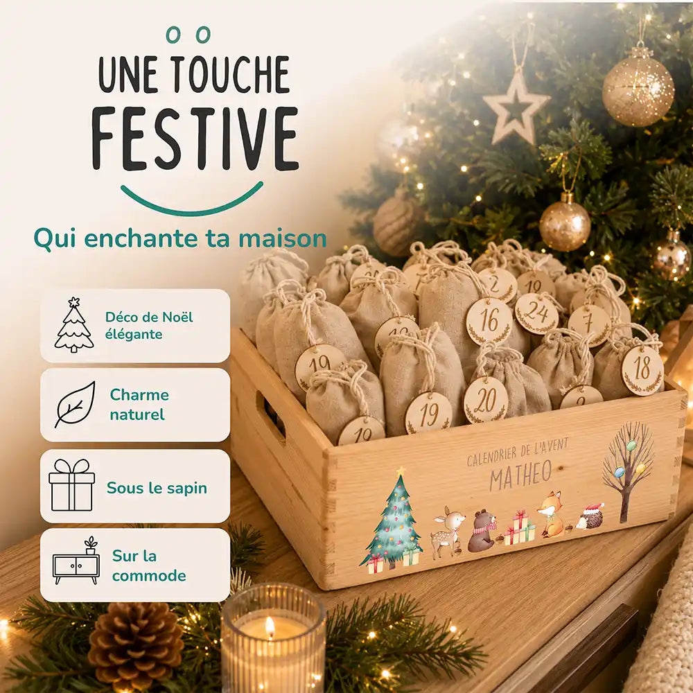 Calendrier de l'avent personnalisé, motif Faon et cadeaux — Décoration de Noël en bois | Kidsmood