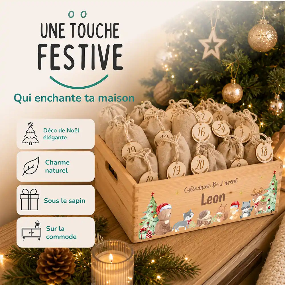Calendrier de l'avent personnalisé, motif Forêt de Noël — Décoration de Noël en bois | Kidsmood