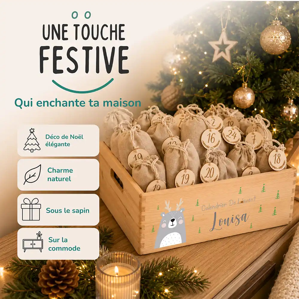 Calendrier de l'avent personnalisé, motif Ours gris — Décoration de Noël en bois | Kidsmood
