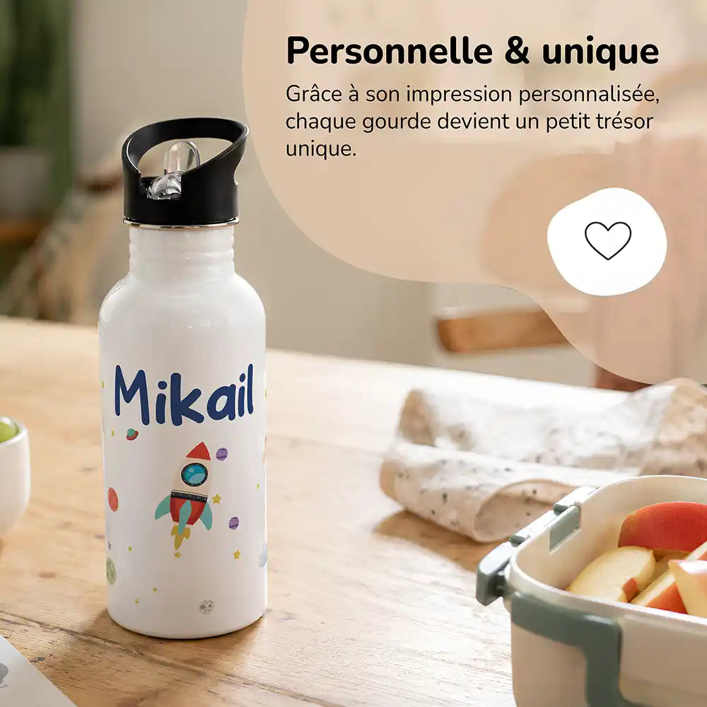 Gourde personnalisée motif Fusée spatiale, impression unique avec prénom — Kidsmood