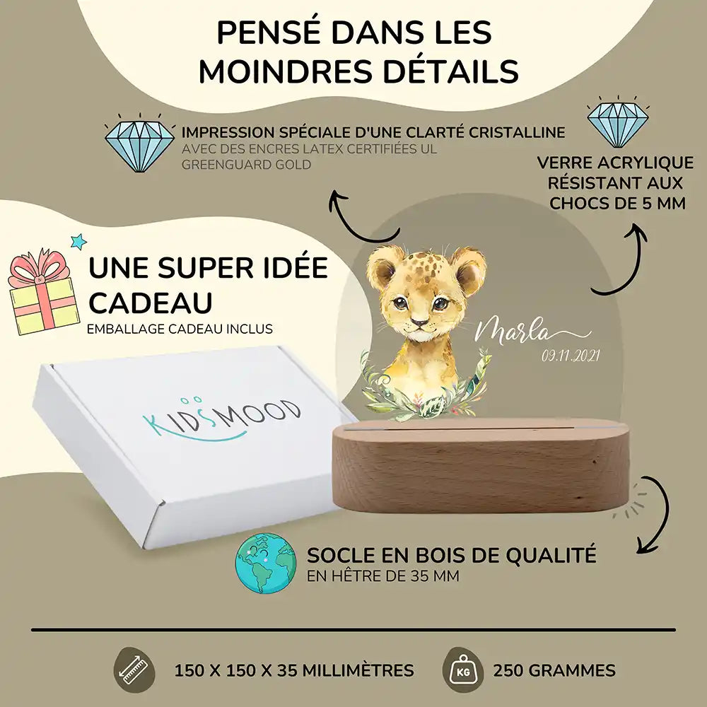 Veilleuse enfant personnalisée Petit lion – trois températures de lumière au choix