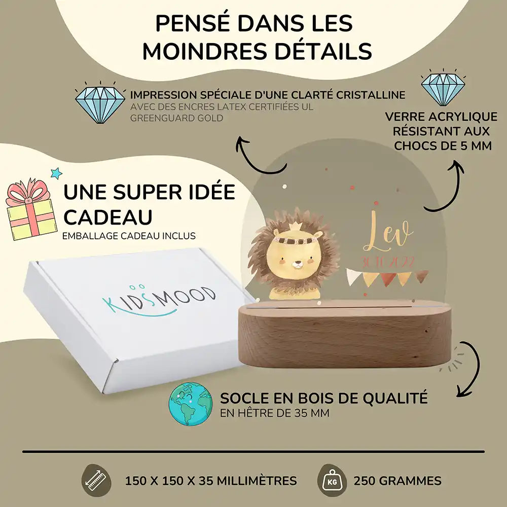 Veilleuse enfant personnalisée Bébé lion boho – trois températures de lumière au choix