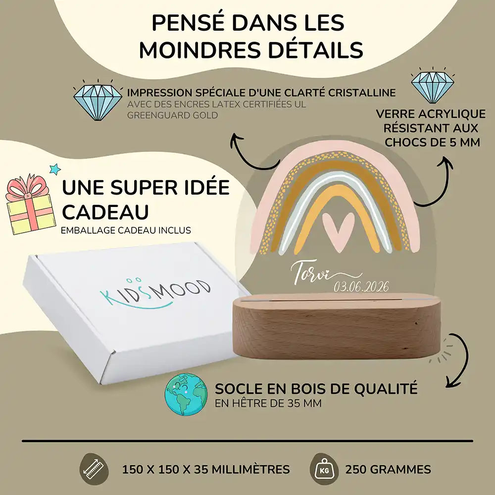 Veilleuse enfant personnalisée Arc-en-ciel fille – trois températures de lumière au choix