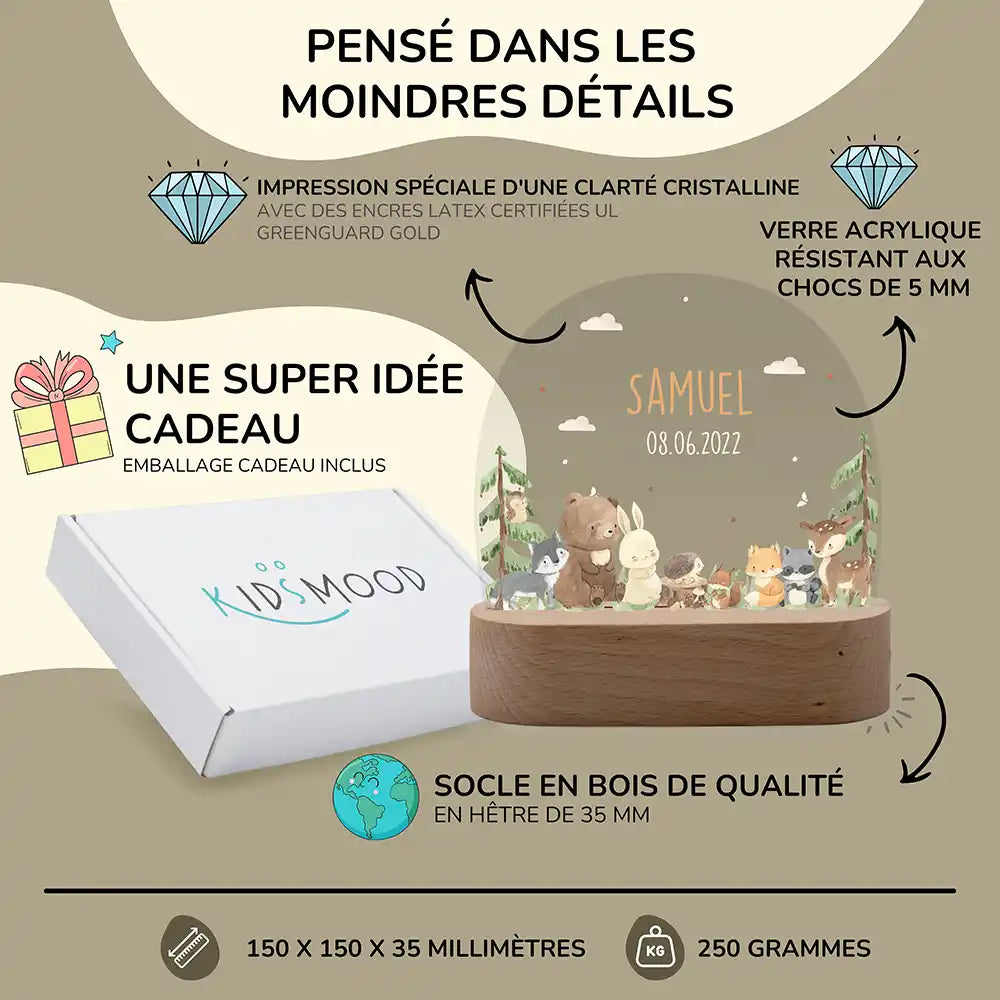 Veilleuse enfant personnalisée Amis de la forêt – trois températures de lumière au choix