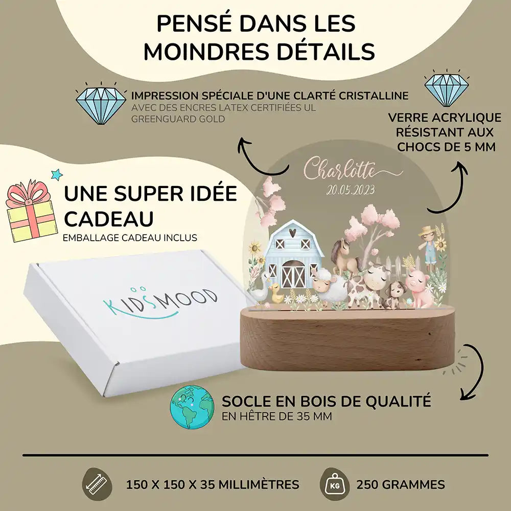 Veilleuse enfant personnalisée Animaux de la ferme – trois températures de lumière au choix