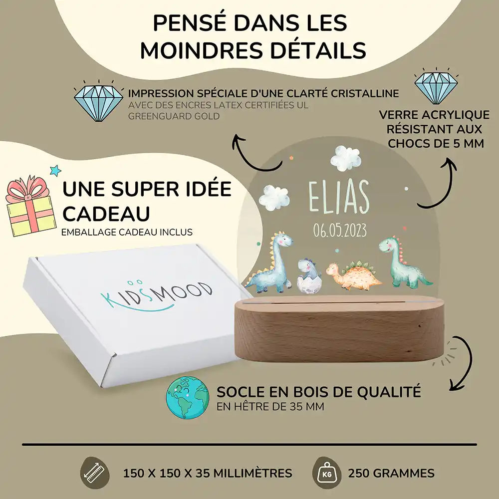 Veilleuse enfant personnalisée Bébés dinos – trois températures de lumière au choix