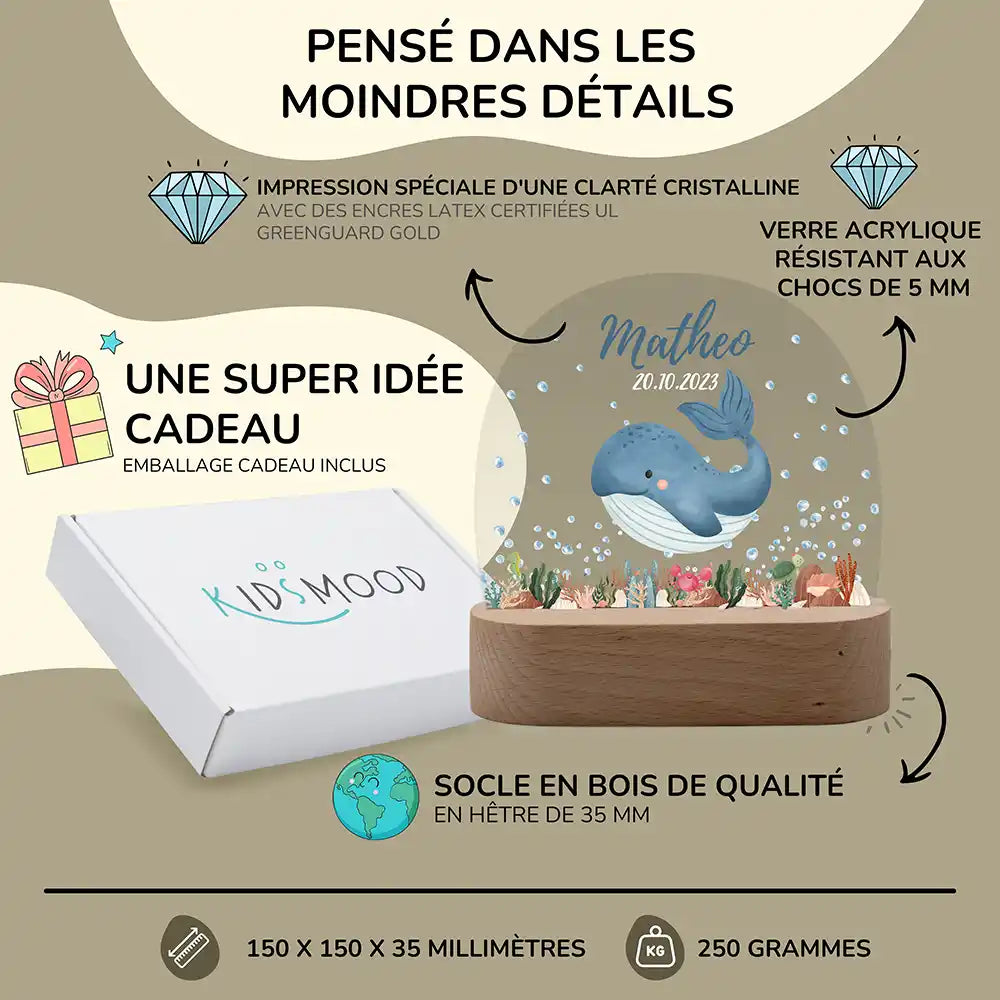 Veilleuse enfant personnalisée Baleine – trois températures de lumière au choix