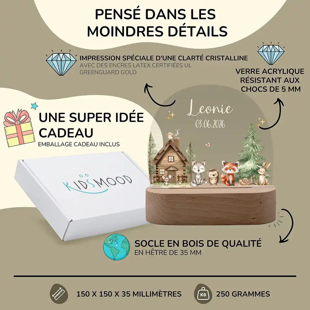 Veilleuse enfant personnalisée Petits amis de la forêt – trois températures de lumière au choix