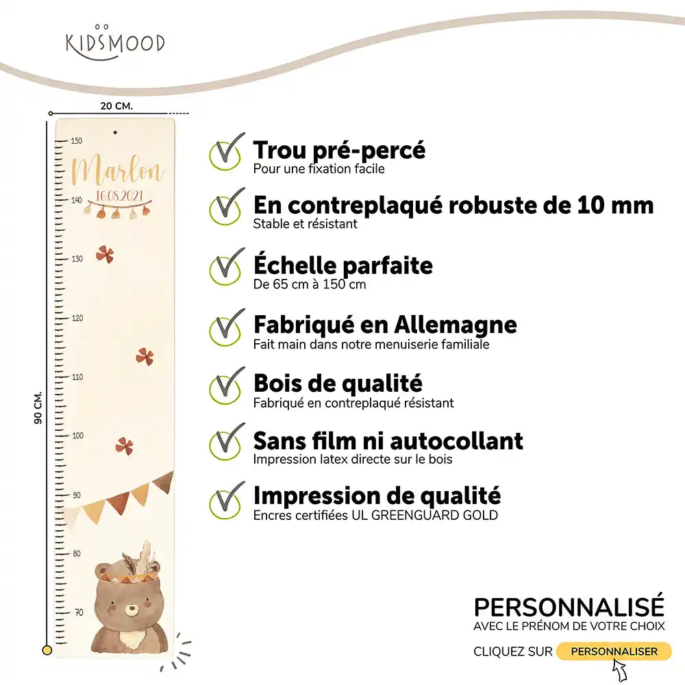 Toise enfant personnalisée – Ours boho