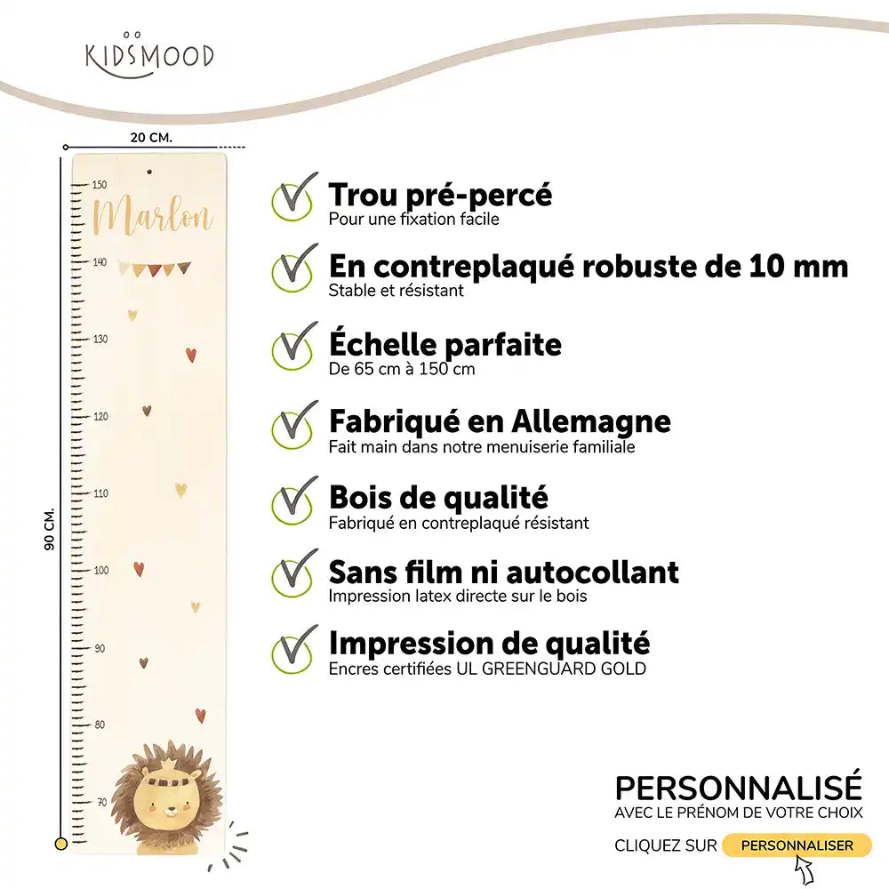Toise enfant personnalisée – Lion et cœurs