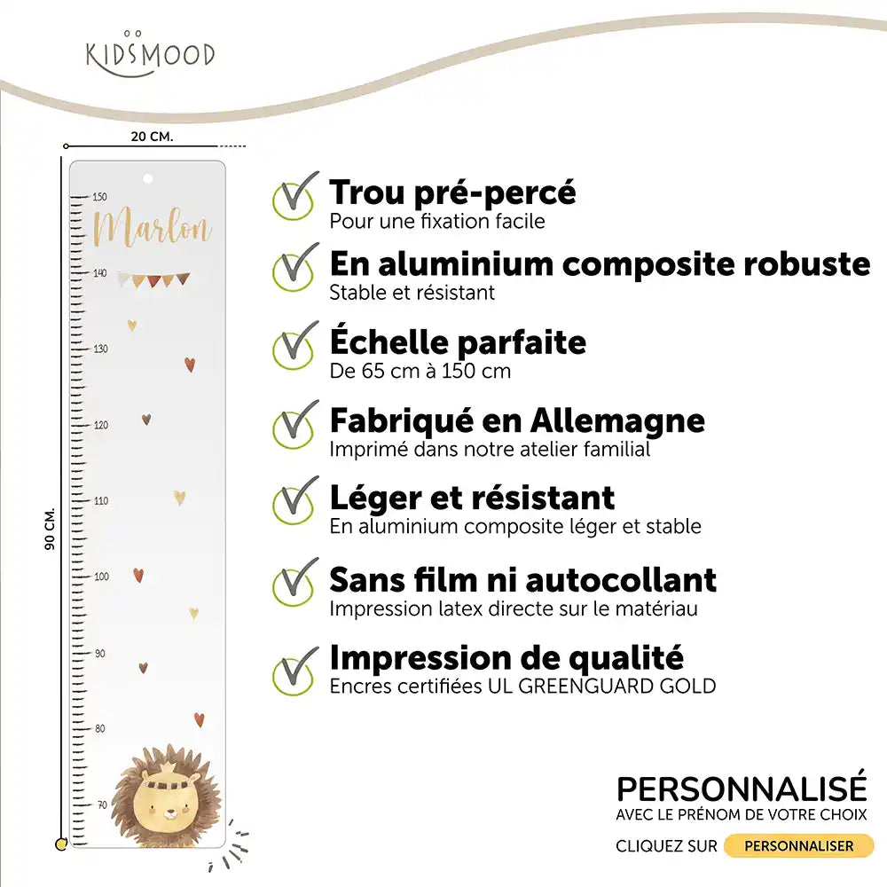 Toise enfant personnalisée – Lion et cœurs