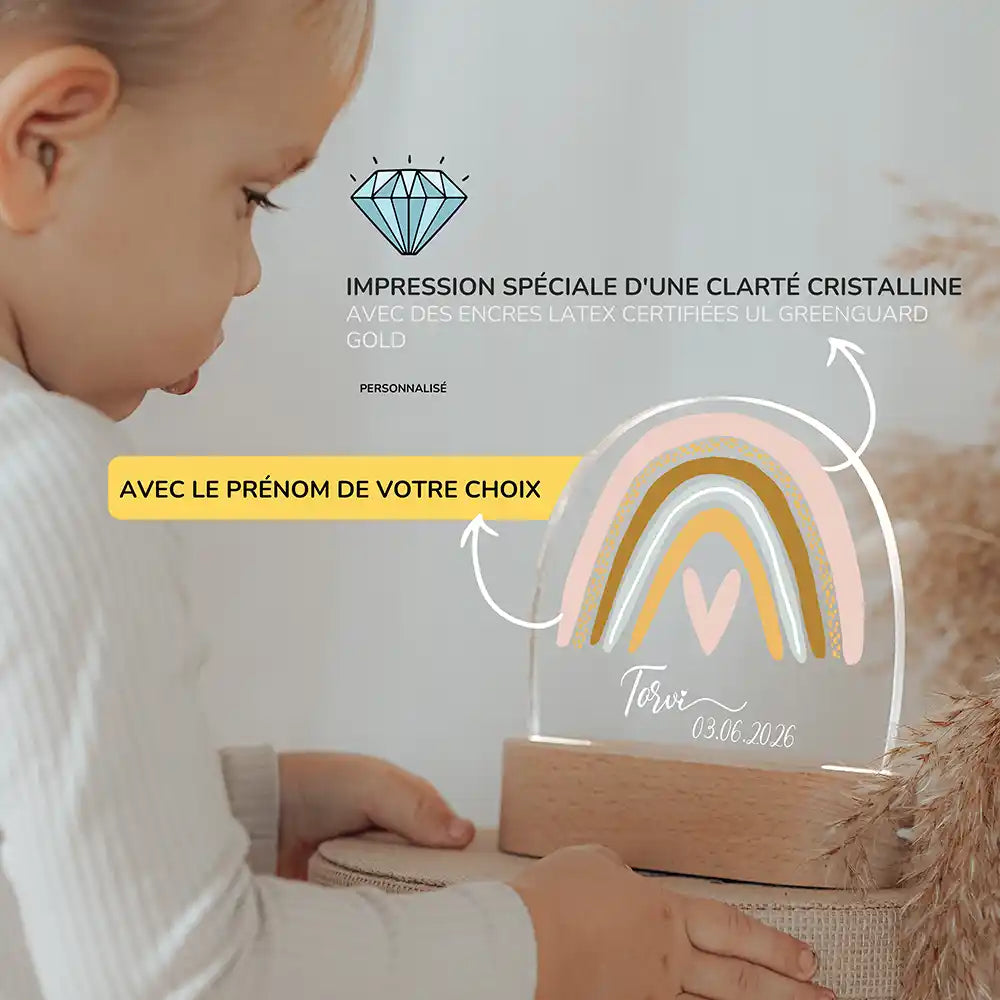 Veilleuse enfant personnalisée Arc-en-ciel fille – présentation du produit par l'atelier familial Kidsmood