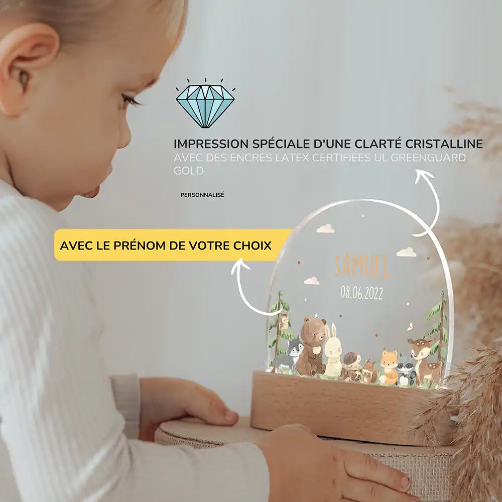 Veilleuse enfant personnalisée Amis de la forêt – présentation du produit par l'atelier familial Kidsmood