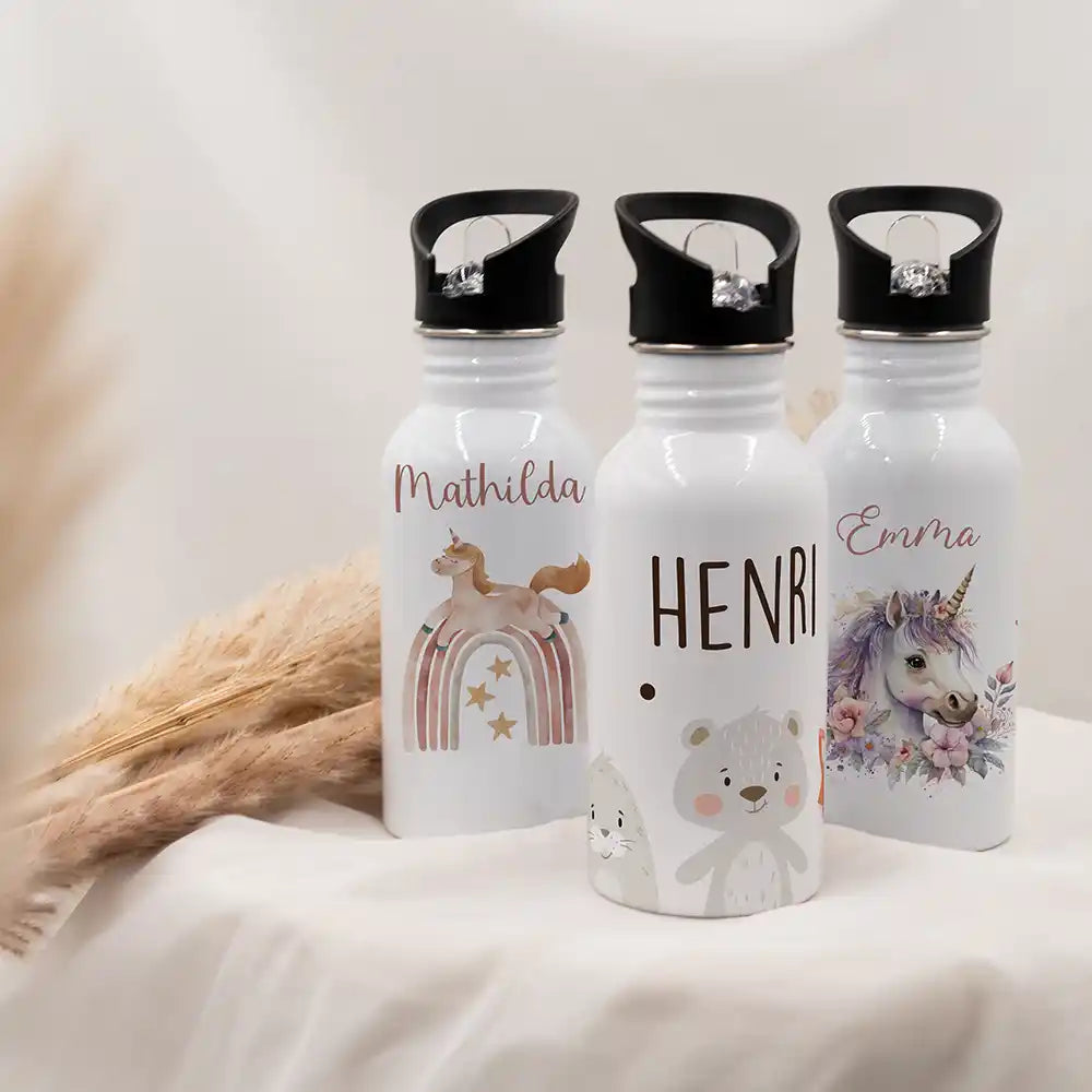 Gourde à paille personnalisée, idée cadeau enfant motif Animaux tout doux — Kidsmood