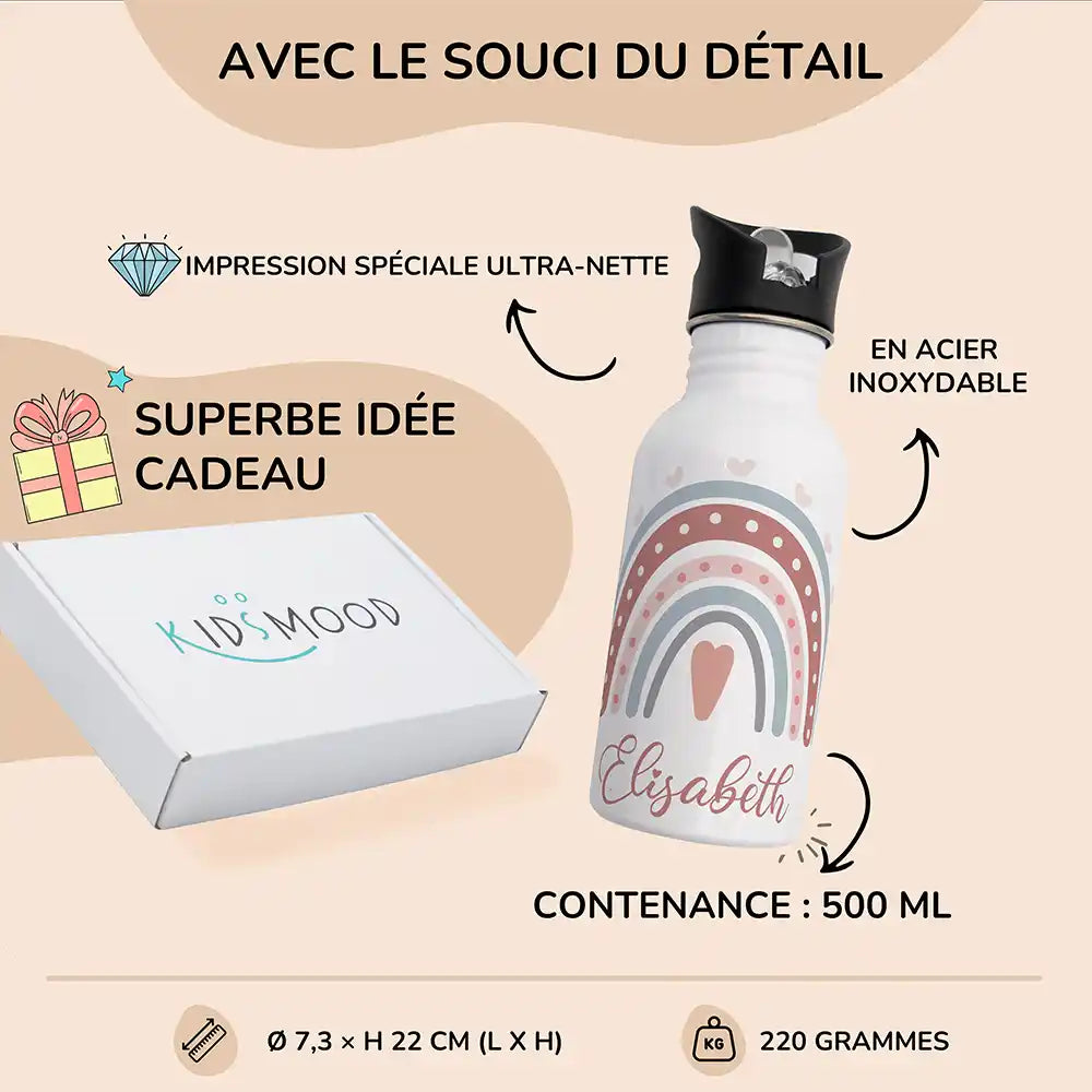 Détails et dimensions de la gourde enfant 500 ml motif Arc-en-ciel et cœur — Kidsmood