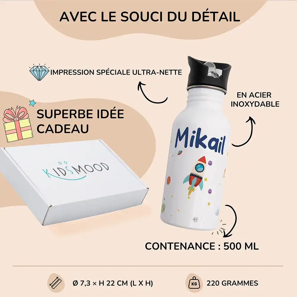 Détails et dimensions de la gourde enfant 500 ml motif Fusée spatiale — Kidsmood