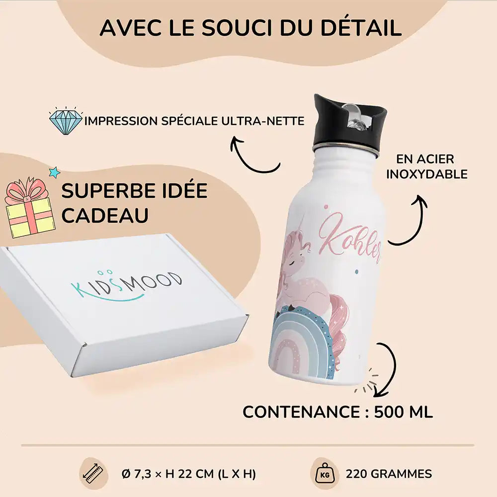 Détails et dimensions de la gourde enfant 500 ml motif Licorne sur arc-en-ciel — Kidsmood