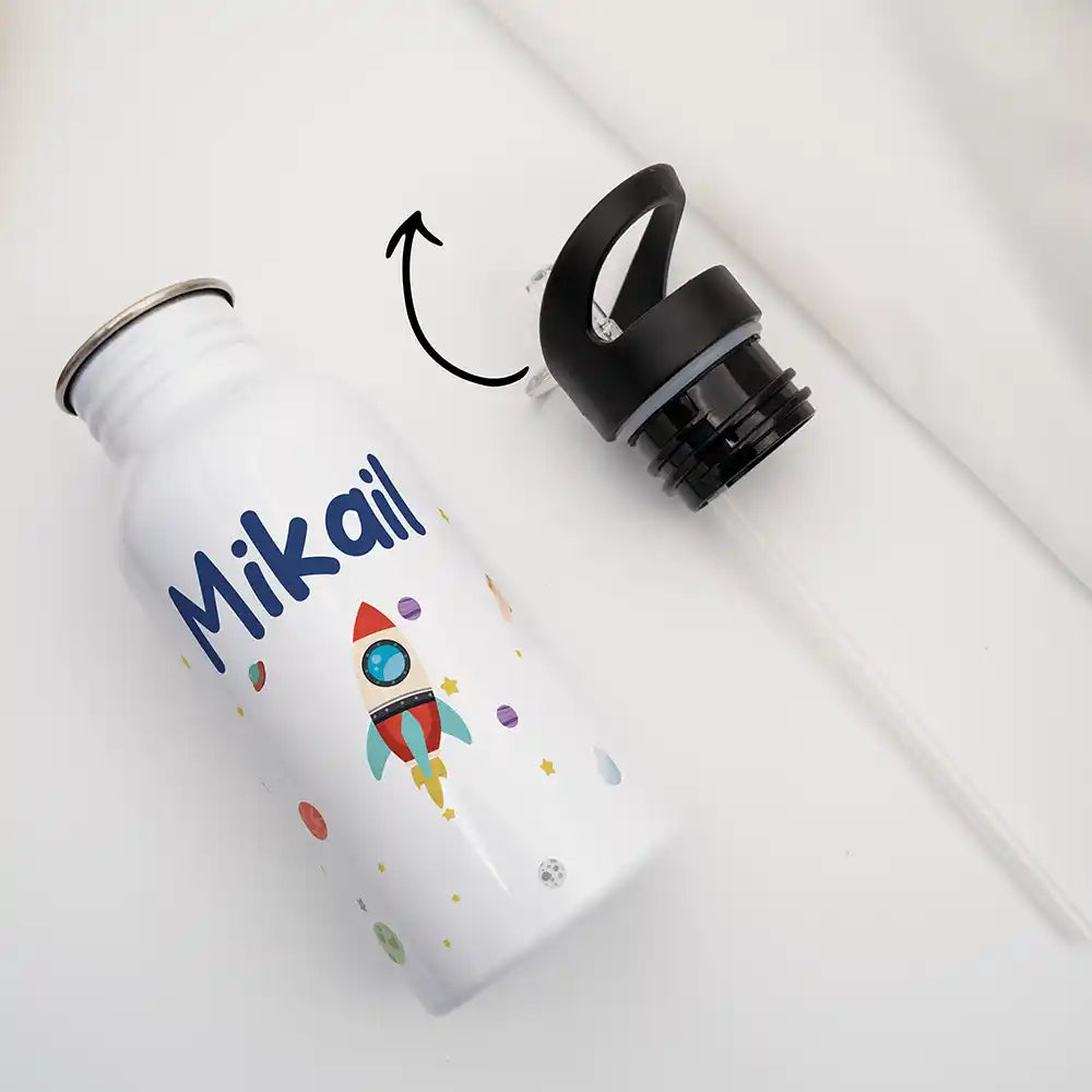 Gourde enfant en inox avec paille pour l'école et le sport, motif Fusée spatiale — Kidsmood