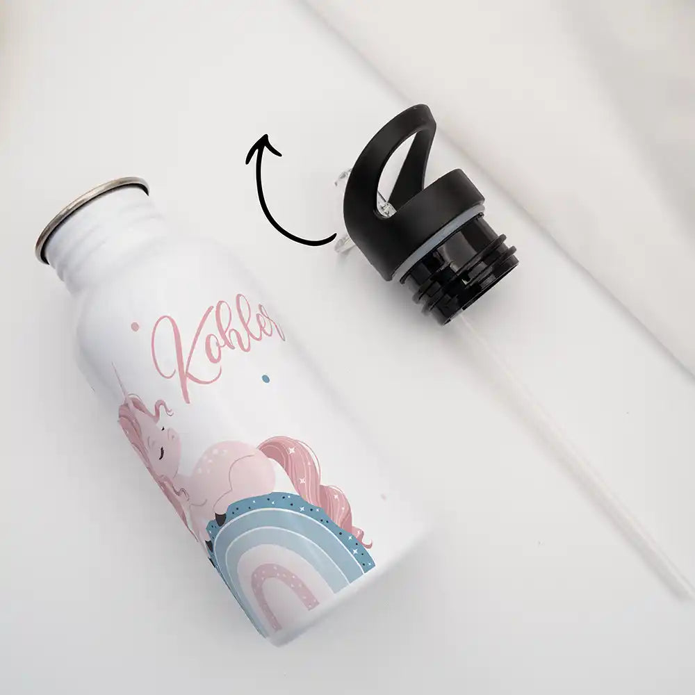 Gourde enfant en inox avec paille pour l'école et le sport, motif Licorne sur arc-en-ciel — Kidsmood