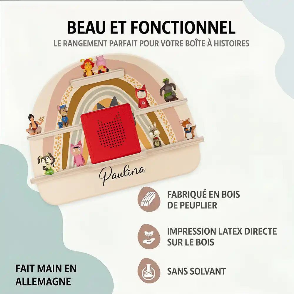 Étagère Toniebox personnalisée Arc-en-ciel 2 – bois de peuplier, impression latex sans solvant