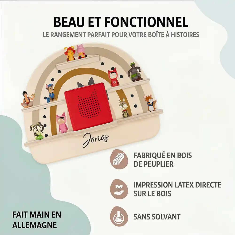Étagère Toniebox personnalisée Arc-en-ciel 3 – bois de peuplier, impression latex sans solvant
