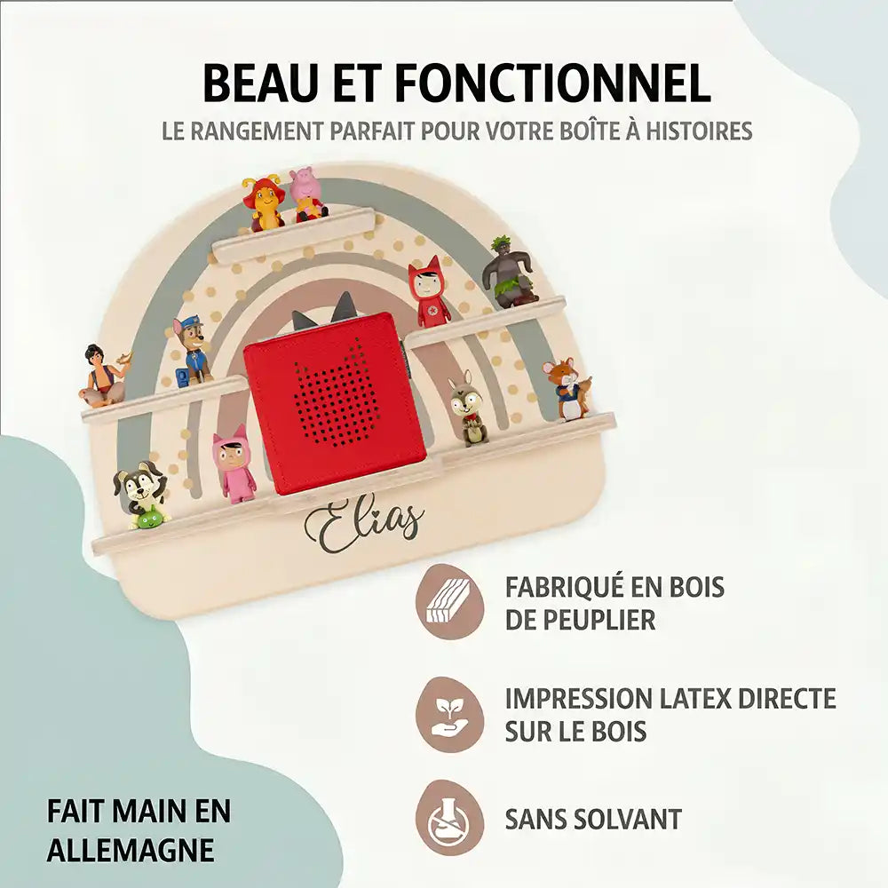 Étagère Toniebox personnalisée Arc-en-ciel 5 – bois de peuplier, impression latex sans solvant