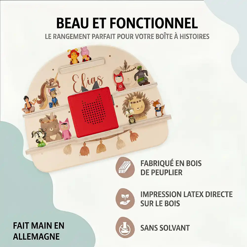 Étagère Toniebox personnalisée Animaux boho – bois de peuplier, impression latex sans solvant