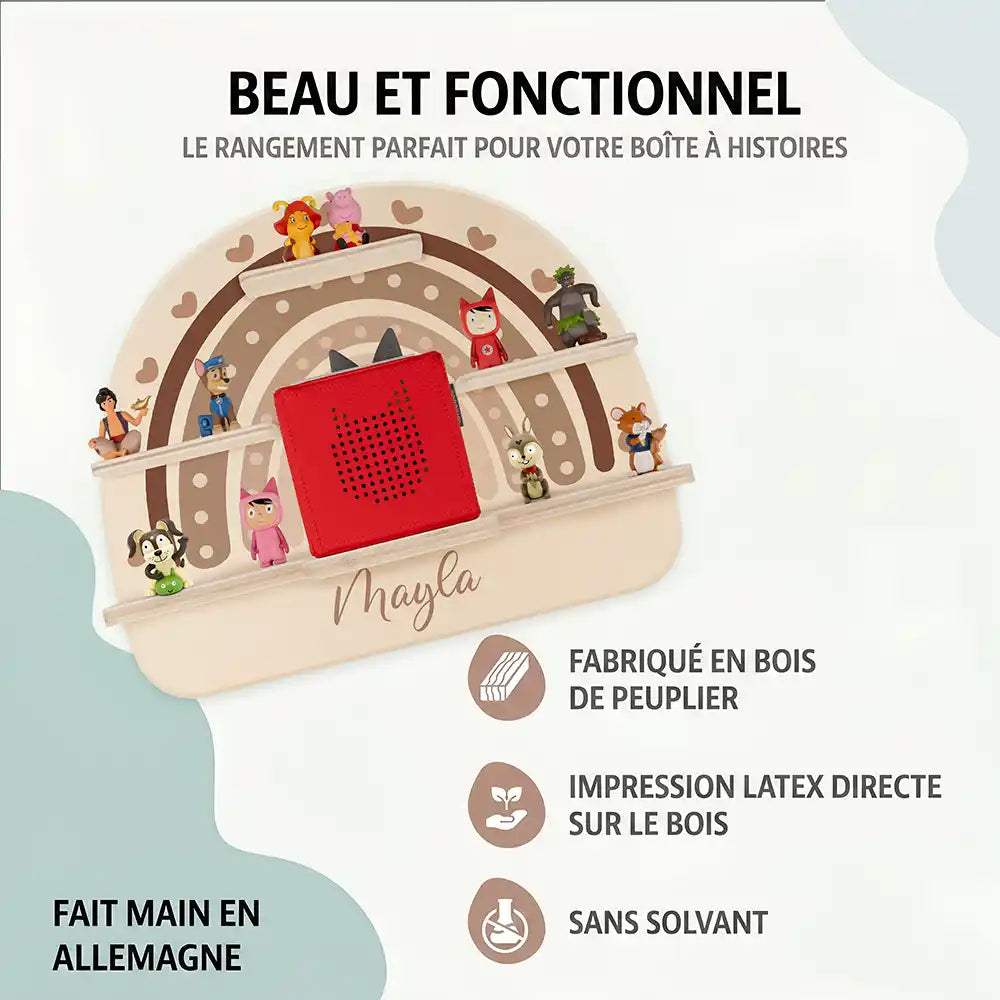 Étagère Toniebox personnalisée Arc-en-ciel cœur – bois de peuplier, impression latex sans solvant