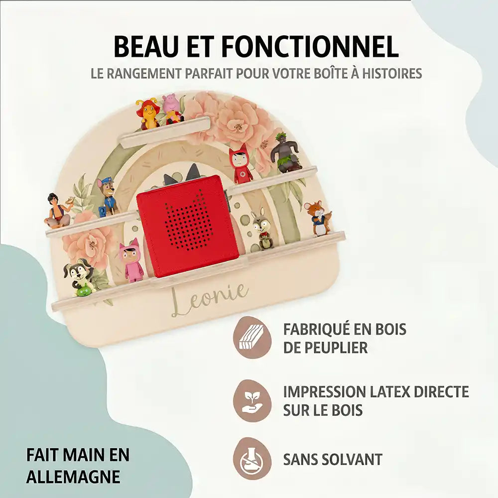 Étagère Toniebox personnalisée Arc-en-ciel fleuri – bois de peuplier, impression latex sans solvant