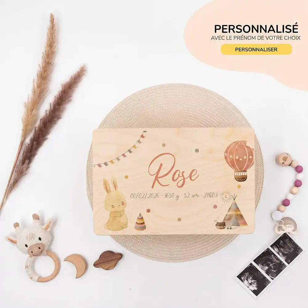 Boîte à souvenirs bébé personnalisée – Lapin et montgolfière