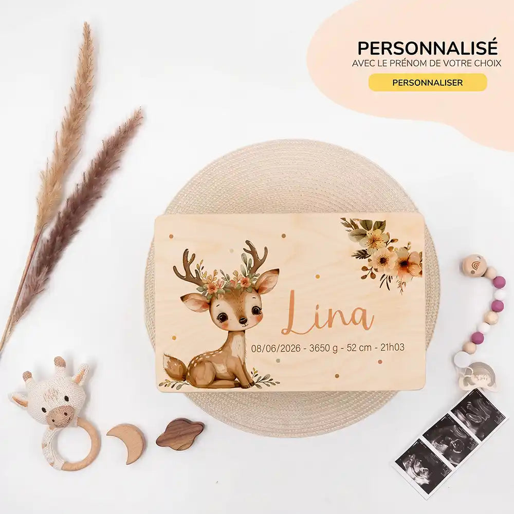 Boîte à souvenirs bébé personnalisée – Faon couronne de fleurs