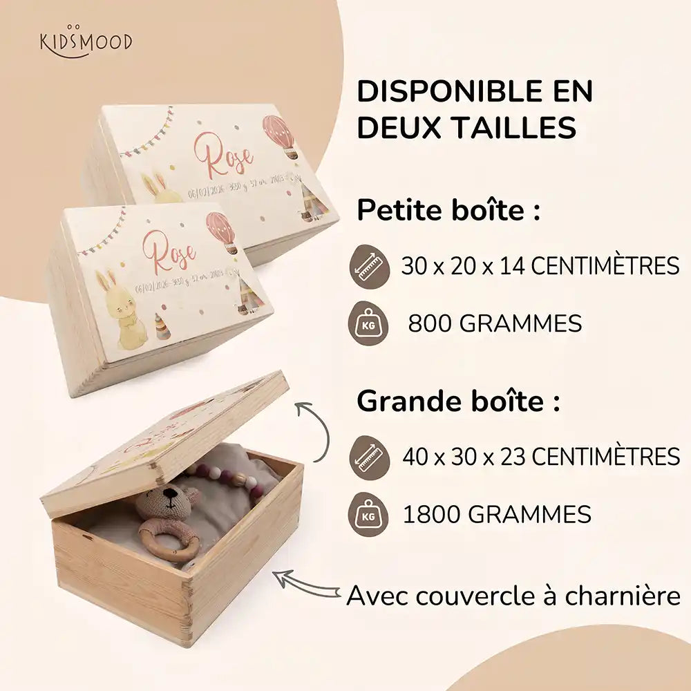 Boîte à souvenirs bébé personnalisée – Lapin et montgolfière