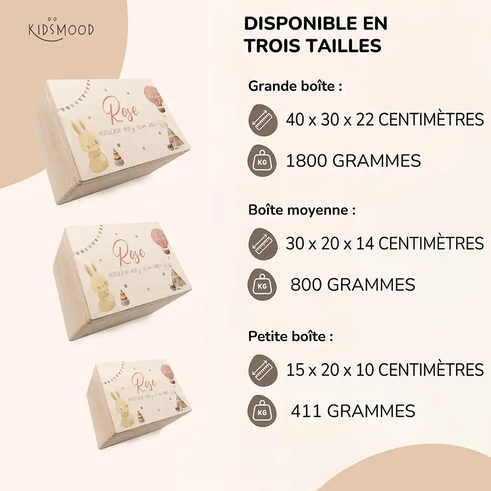 Boîte à souvenirs bébé personnalisée – Lapin et montgolfière
