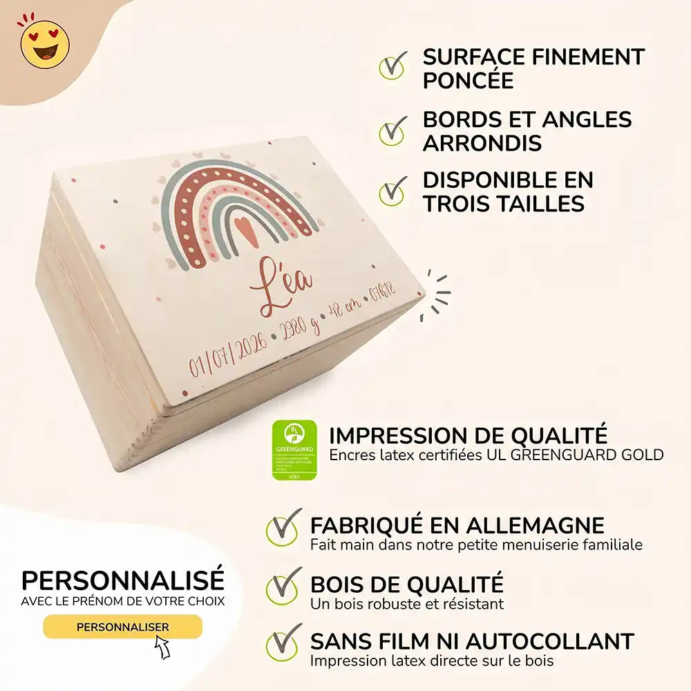 Boîte à souvenirs bébé personnalisée – Arc-en-ciel boho