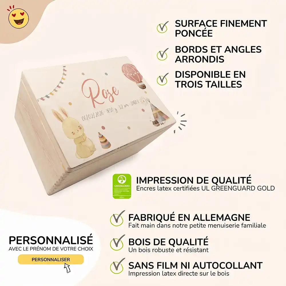 Boîte à souvenirs bébé personnalisée – Lapin et montgolfière