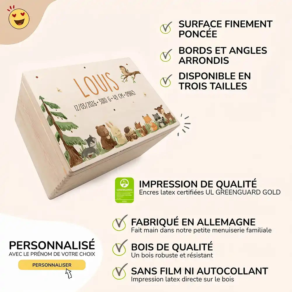 Boîte à souvenirs bébé personnalisée – Animaux de la forêt