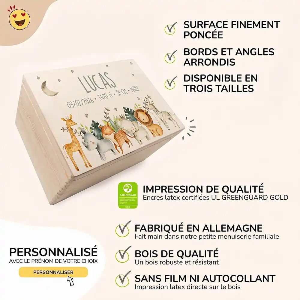 Boîte à souvenirs bébé personnalisée – Animaux de la savane