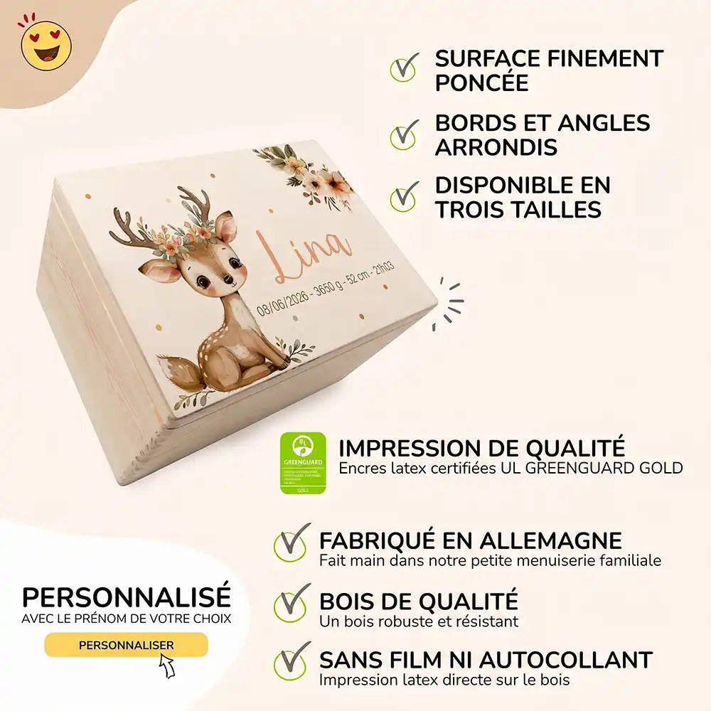 Boîte à souvenirs bébé personnalisée – Faon couronne de fleurs