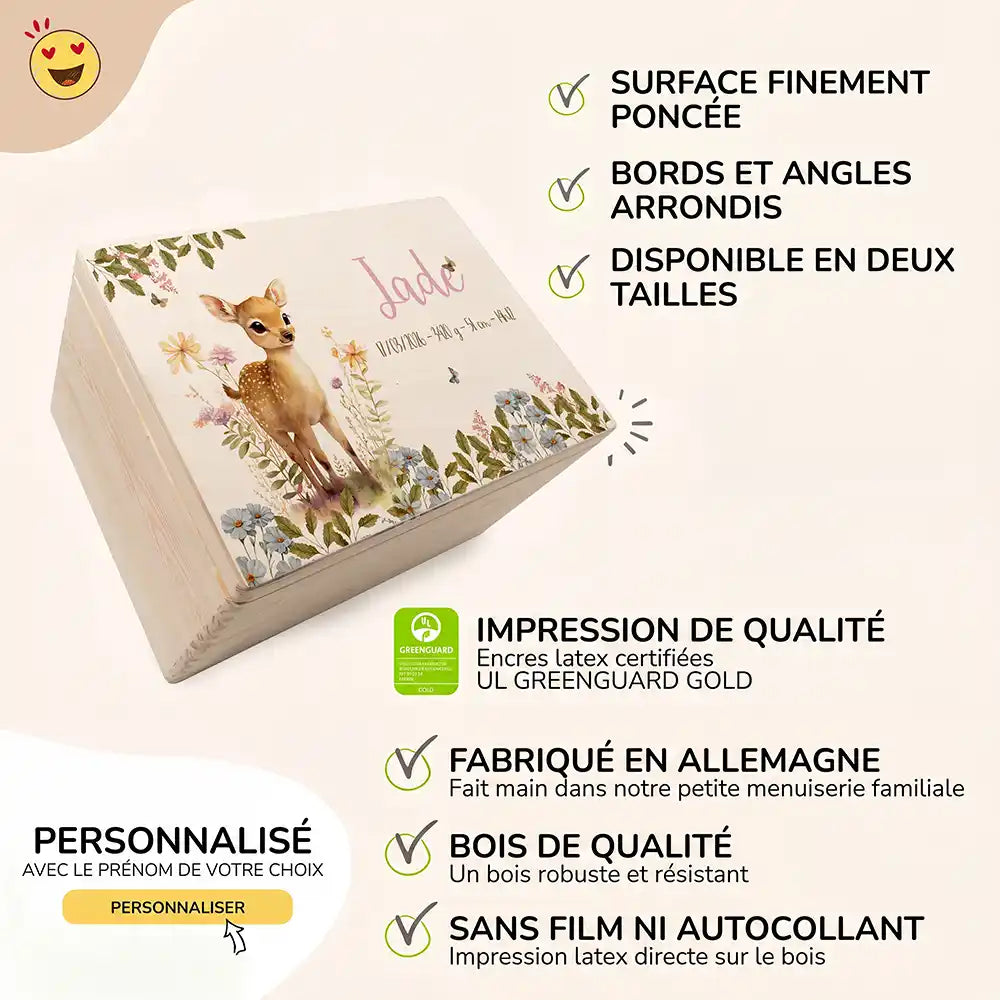 Boîte à souvenirs bébé personnalisée – Faon fleurs des champs