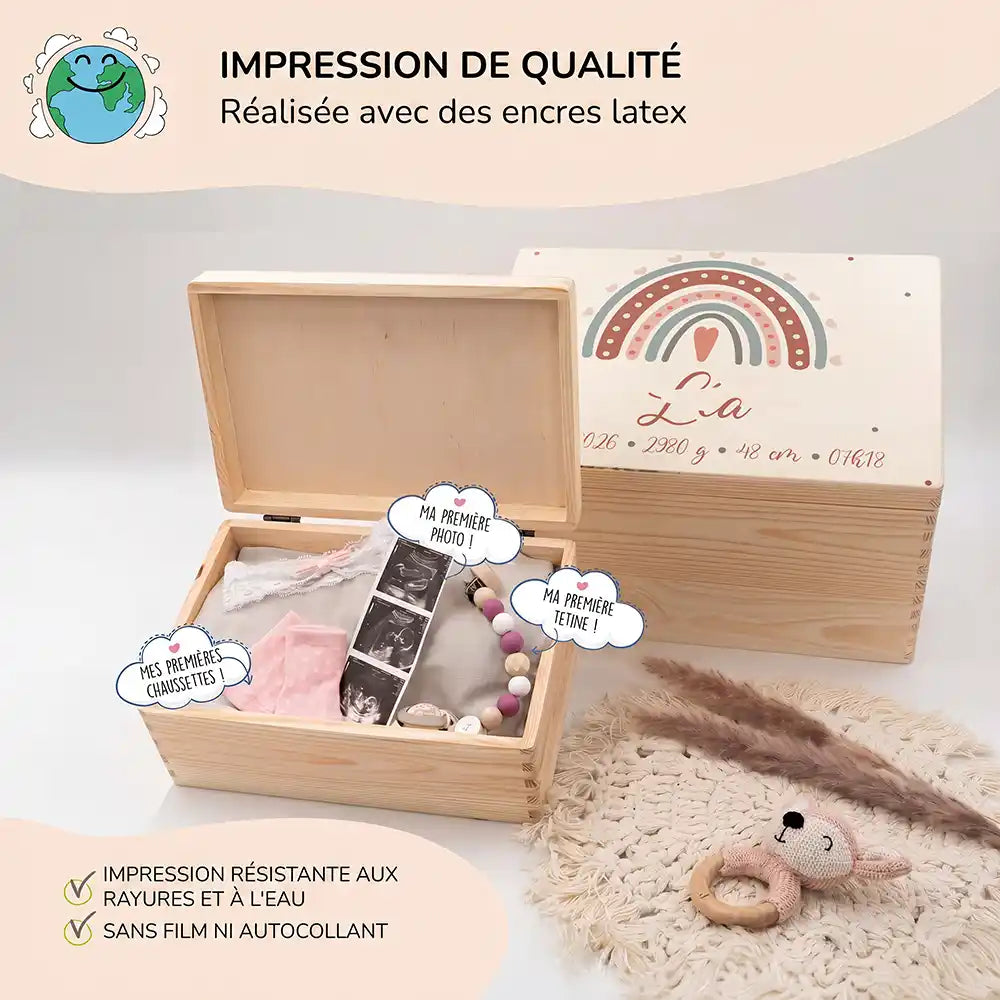 Boîte à souvenirs bébé personnalisée – Arc-en-ciel boho