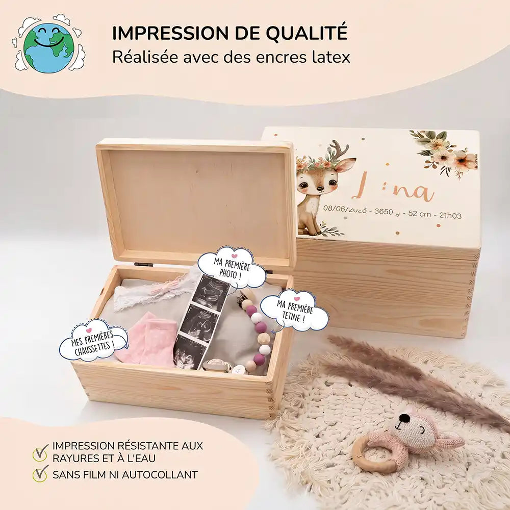 Boîte à souvenirs bébé personnalisée – Faon couronne de fleurs