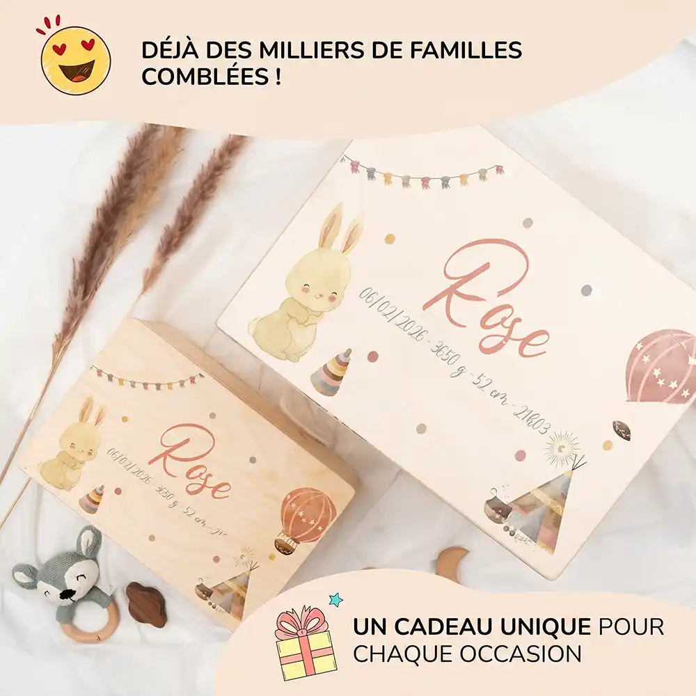 Boîte à souvenirs bébé personnalisée – Lapin et montgolfière