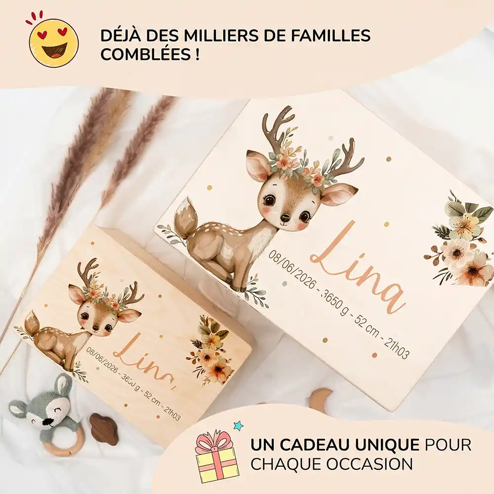 Boîte à souvenirs bébé personnalisée – Faon couronne de fleurs
