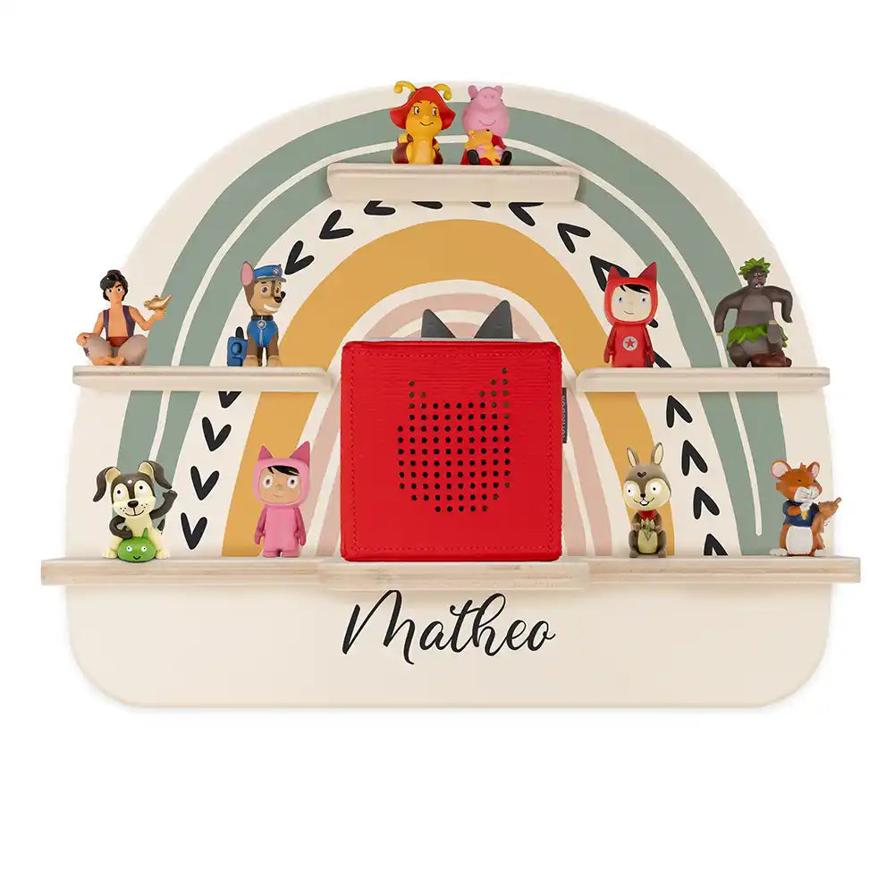 Étagère Toniebox personnalisée Arc-en-ciel 1 – vue principale avec Toniebox 1 et figurines